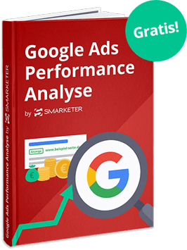 Illustration von einem roten Buch mit der Aufschrift "Gratis Google Ads Performance Analyse.